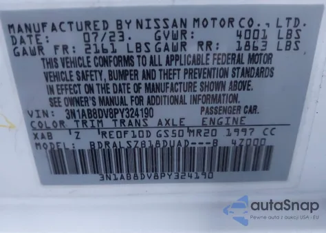 2023 Nissan Sentra Sr Xtronic Cvt from USA, damaged, VIN 3N1AB8DV8PY324190